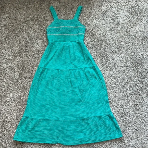 Cat & Jack teal smocked maxi dress with straps. Open back adjust w/ ties. Large - Picture 1 of 5